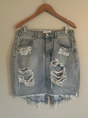 One Teaspoon Light Blue Distressed Denim Pencil Skirt